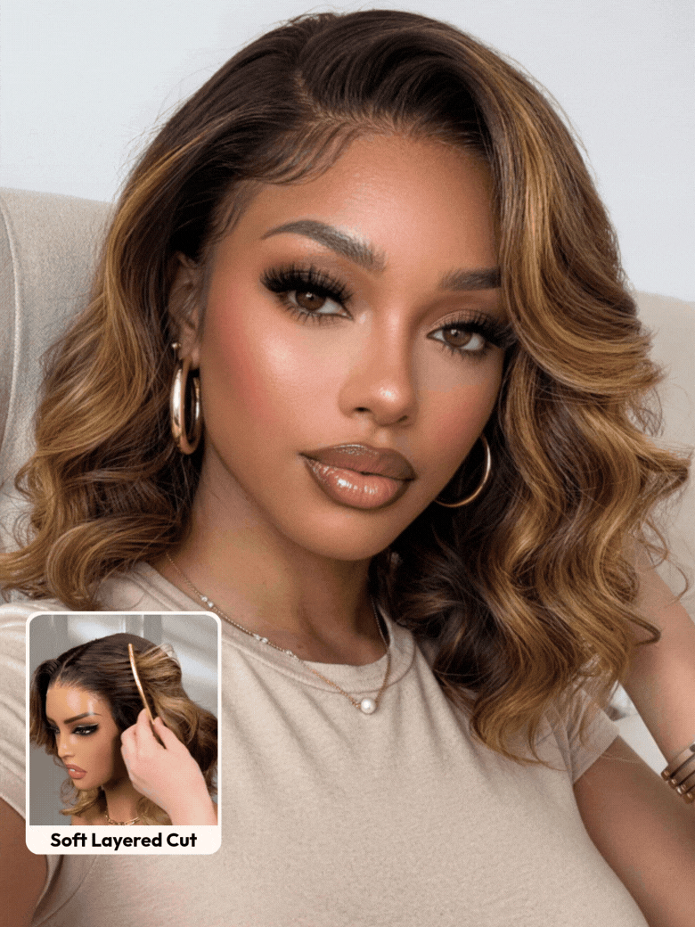 UNice Honey Blonde Highlights Water Curly Wig Bye-Bye Slip™ 7×5 Lace Closure Glueless Glam-Ready Festival Chic Short Curls Blonde Dimension